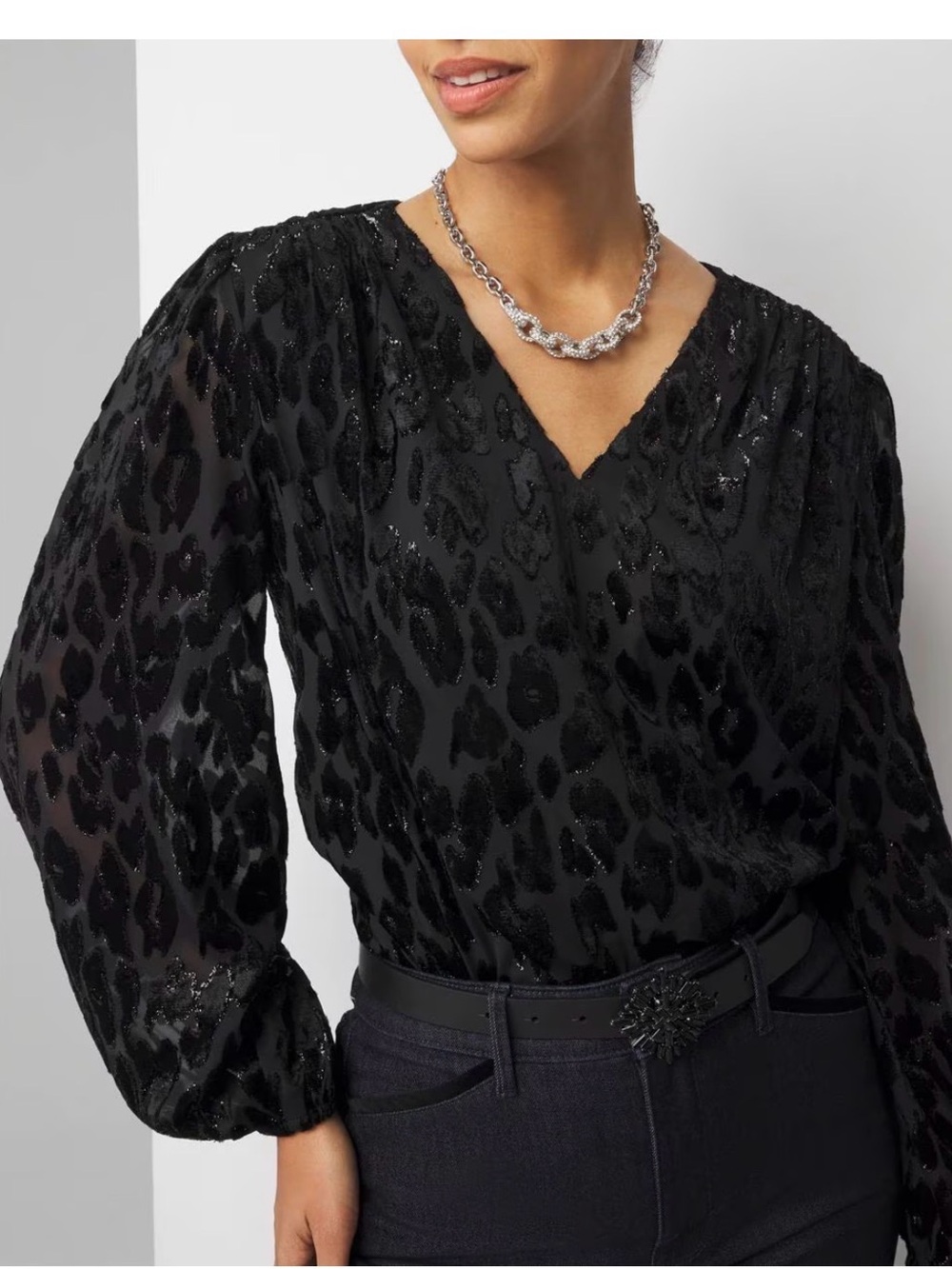 WHBM Black Burnout Animal-Print V-Neck Blouse - Long sleeve w elastic cuffs - Picture 7 of 12